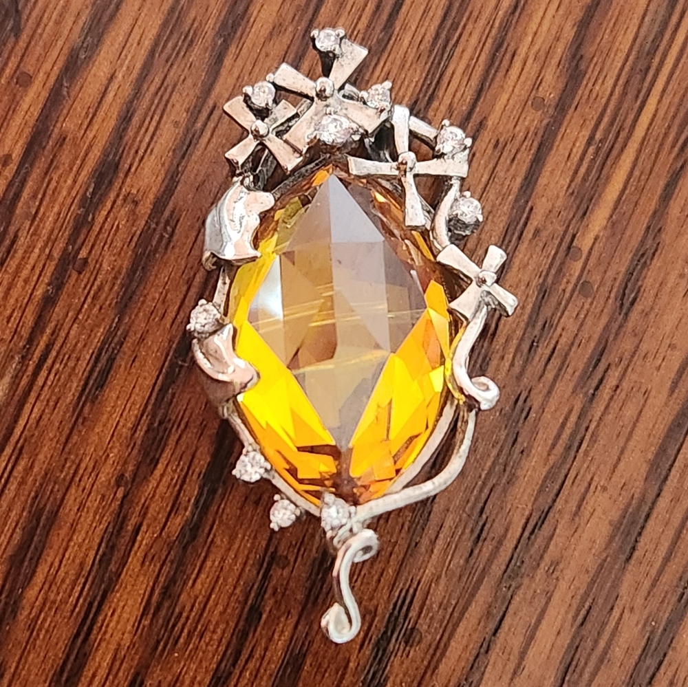 Vintage Silver Brooch With Gold Gemstone